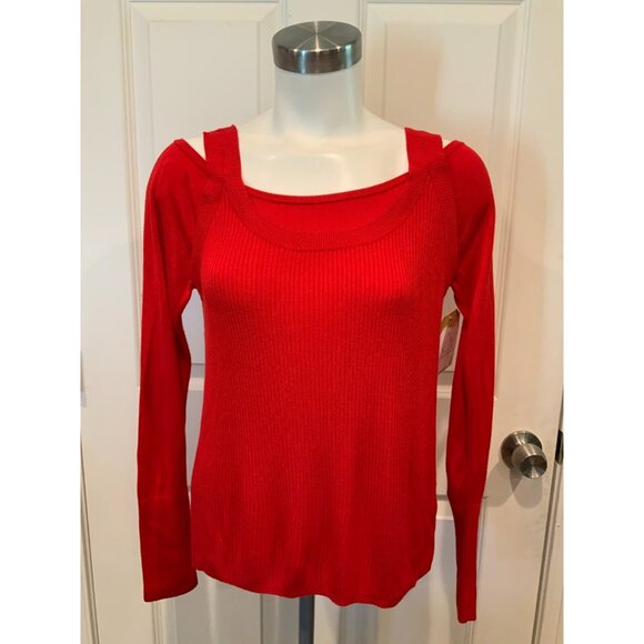by Anthropologie Sweaters - by Anthropologie Red Ribbed Lightweight Cold Shoulder Sweater, Size Medium